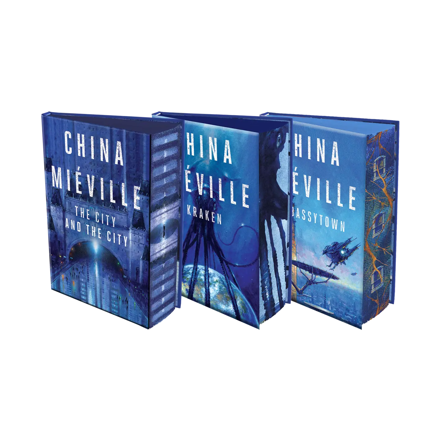 Two books by China Miéville, titled "The Scar" and "Iron Council," displayed with vibrant cover art.