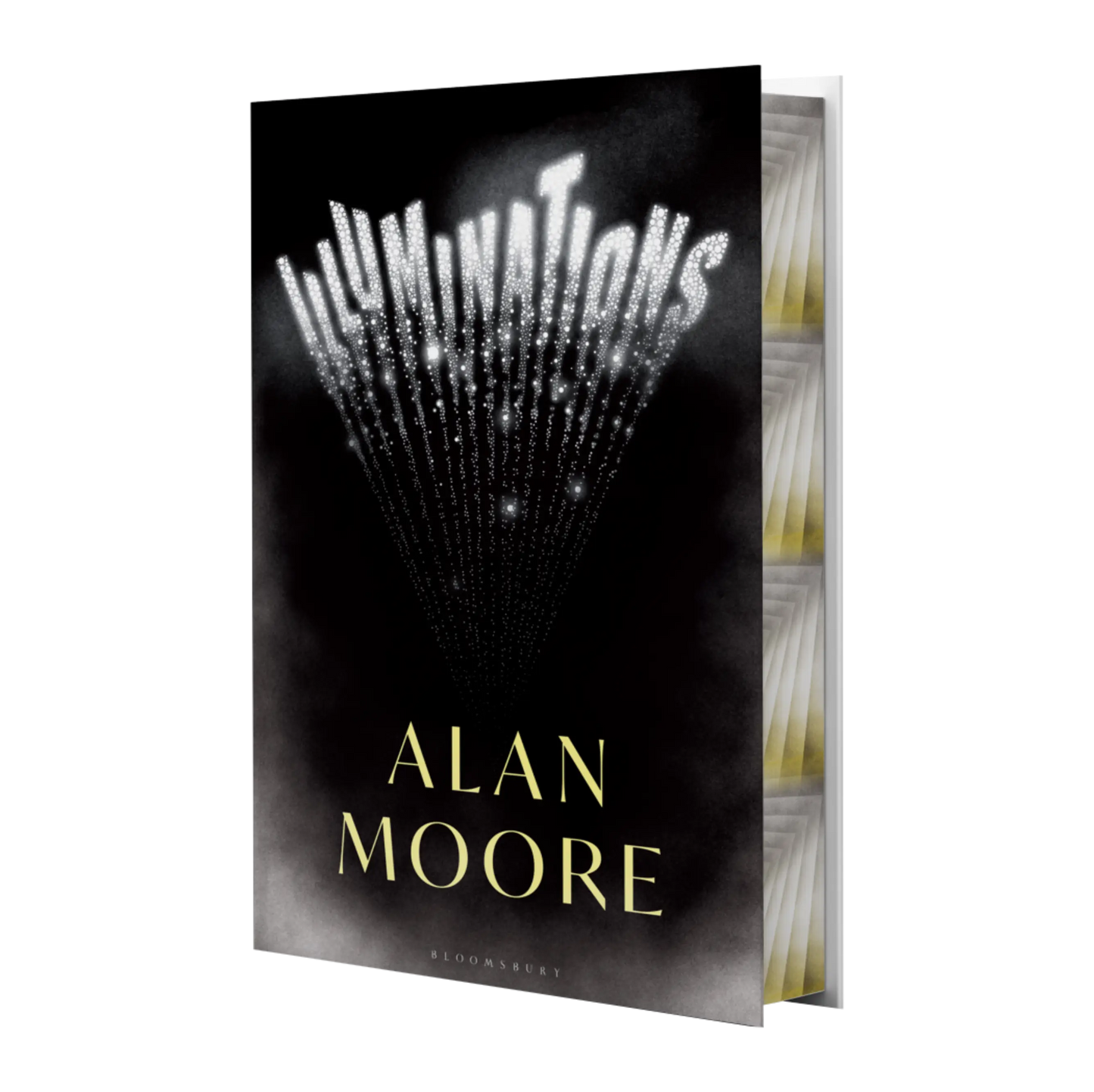 Alan Moore's book "Illuminations" features a striking black cover with bright, illuminated typography, making it an eye-catching addition to any bookshelf.