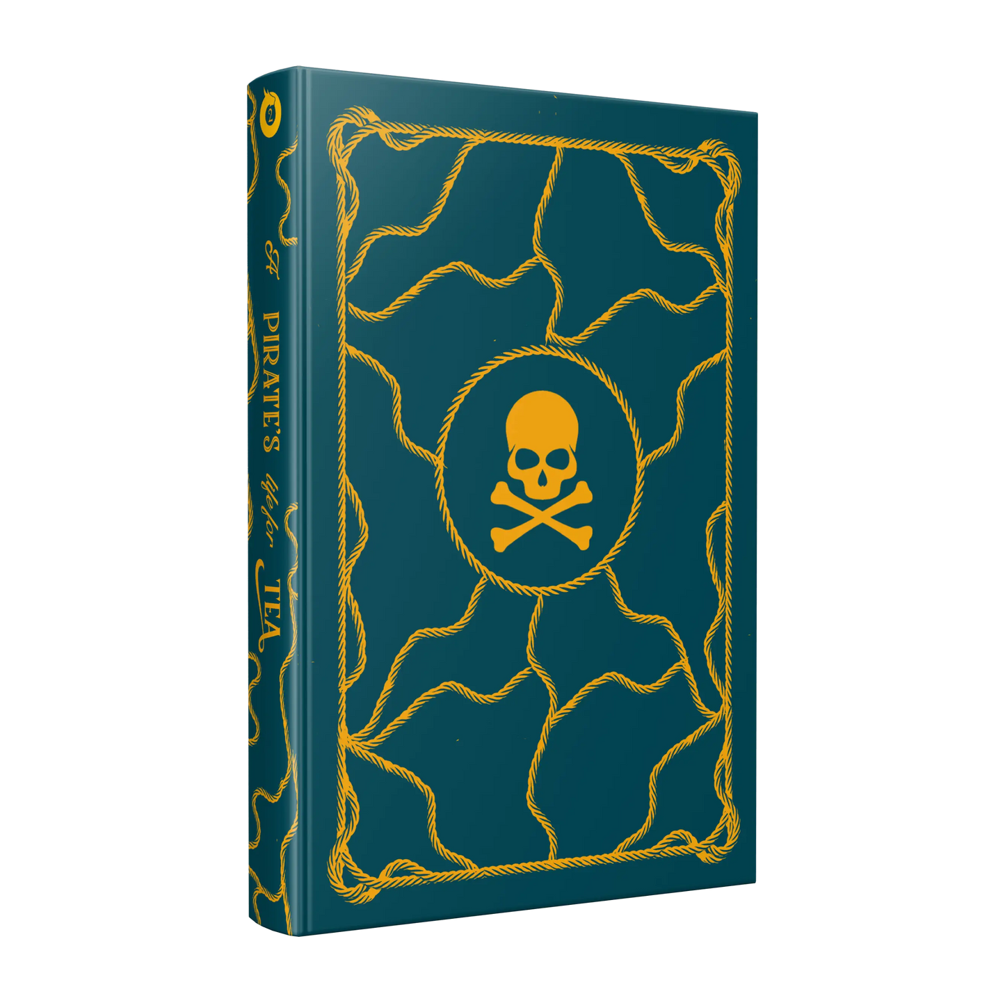 "A Pirate's Life for Tea" with a dark green cover featuring a yellow skull and crossbones design intertwined with rope patterns.