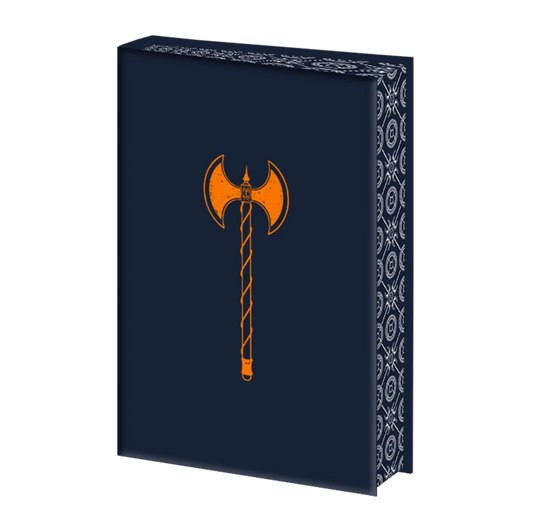 A dark blue book cover features an illustration of an orange double-headed axe with decorative patterns along the spine.