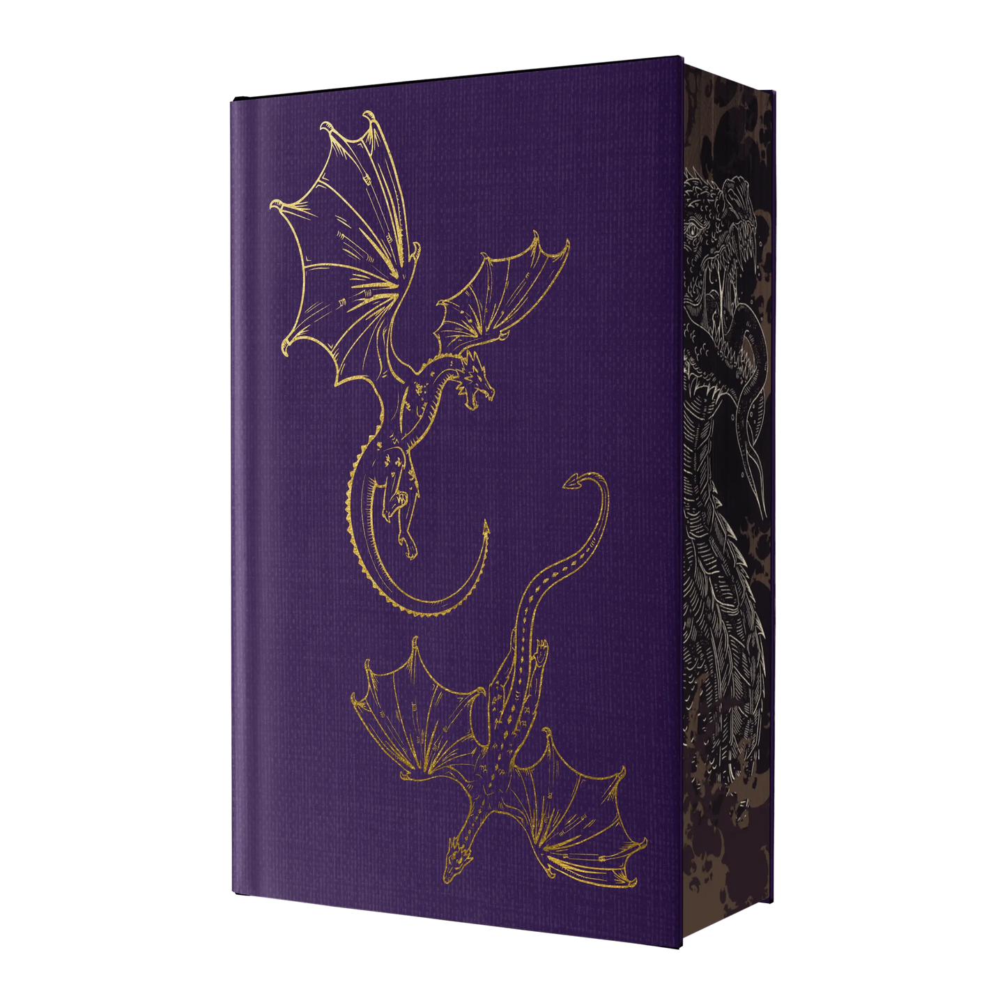 Purple book cover featuring gold drawings of dragons with intricate wing details and a dark, textured spine.