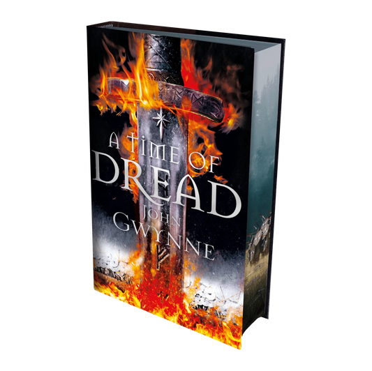 "A Time of Dread" by John Gwynne features a dramatic cover with a fiery sword, ideal for fans of epic fantasy and gripping adventures.