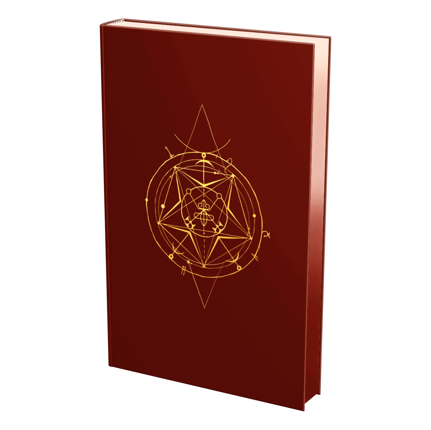A maroon book features a gold geometric and symbolic design on its cover.