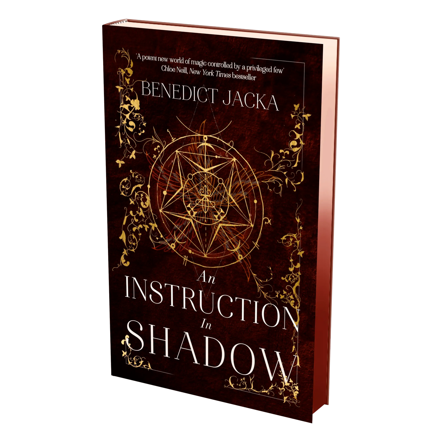 "An Instruction in Shadow" by Benedict Jacka features an intricate design with magical symbols and gold accents on its cover, attracting fantasy enthusiasts.