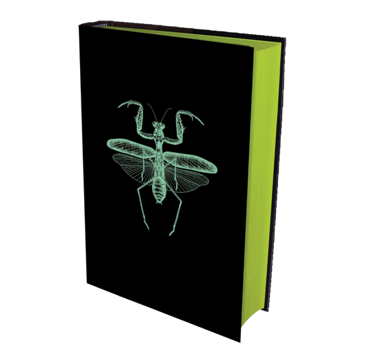A black book with a green mantis illustration on the cover and green page edges.