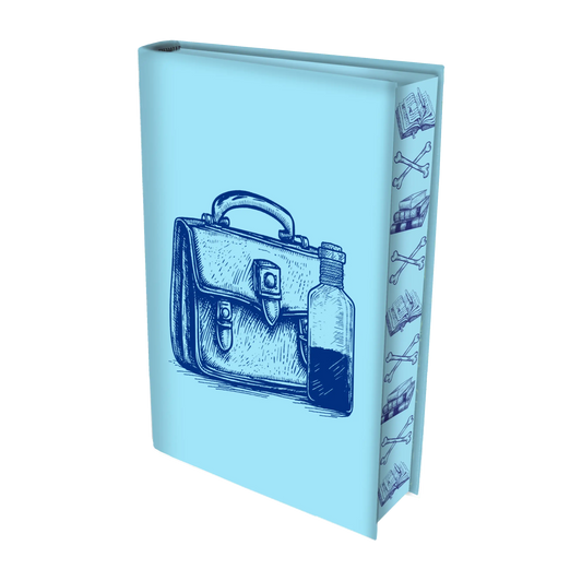 A light blue book cover design features a detailed illustration of a briefcase and bottle, with decorative elements of books and bones on the spine.