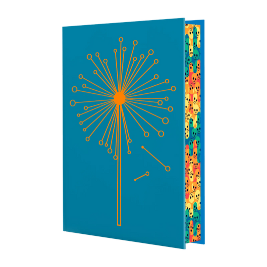 A vibrant blue book with an abstract orange dandelion design on the cover and colorful patterns on the page edges.