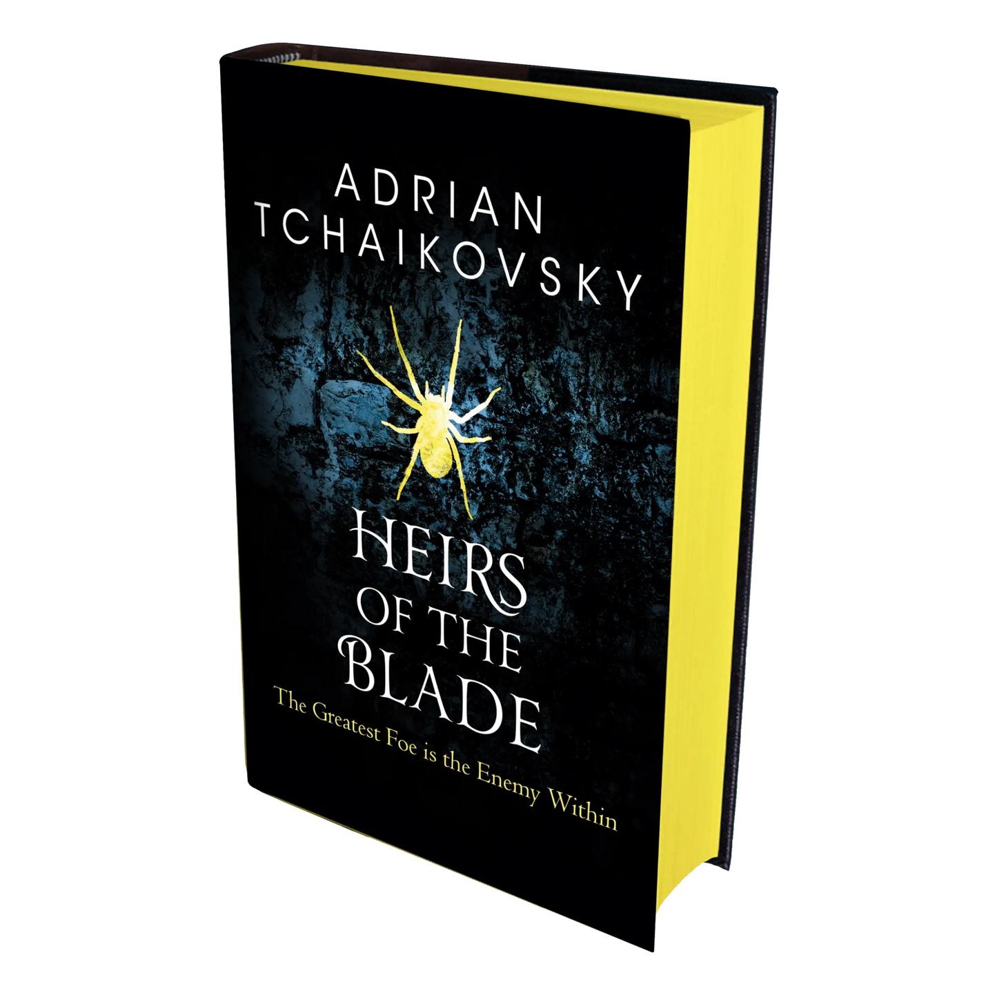 "Heirs of the Blade" by Adrian Tchaikovsky features a dark cover with a yellow spider and the tagline "The Greatest Foe is the Enemy Within."