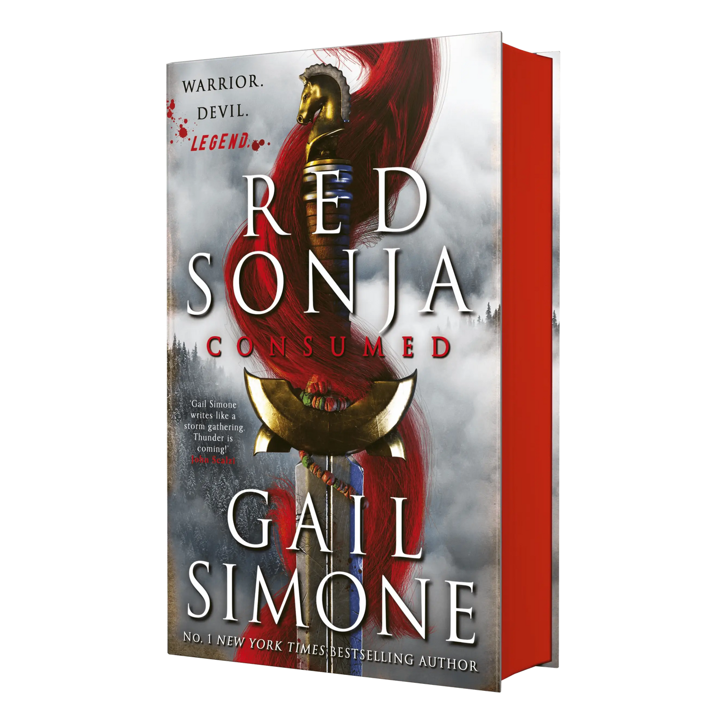 "Red Sonja: Consumed" by Gail Simone is a visually striking book cover featuring a warrior motif with a bold red color palette and a testimonial praising the author's impactful writing.