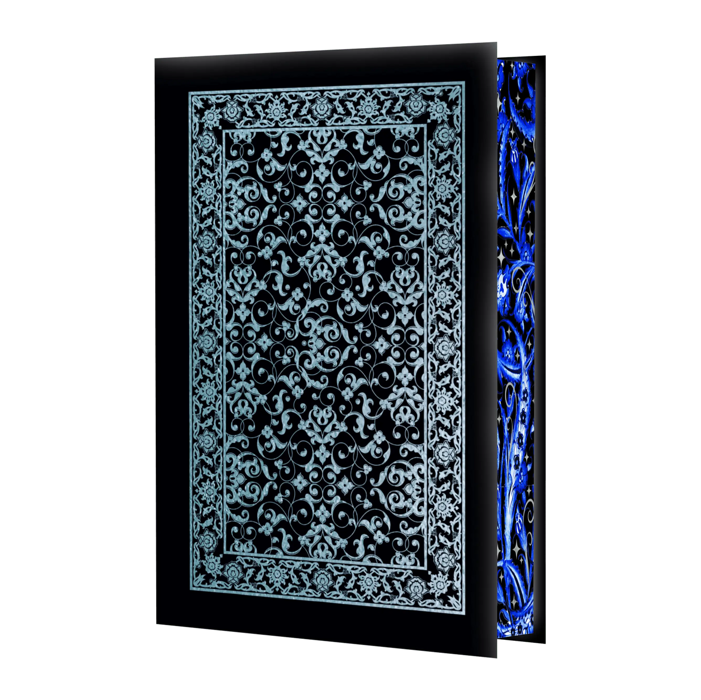 Luxurious journal with intricate blue and black floral designs, perfect for elegant writing and note-taking.