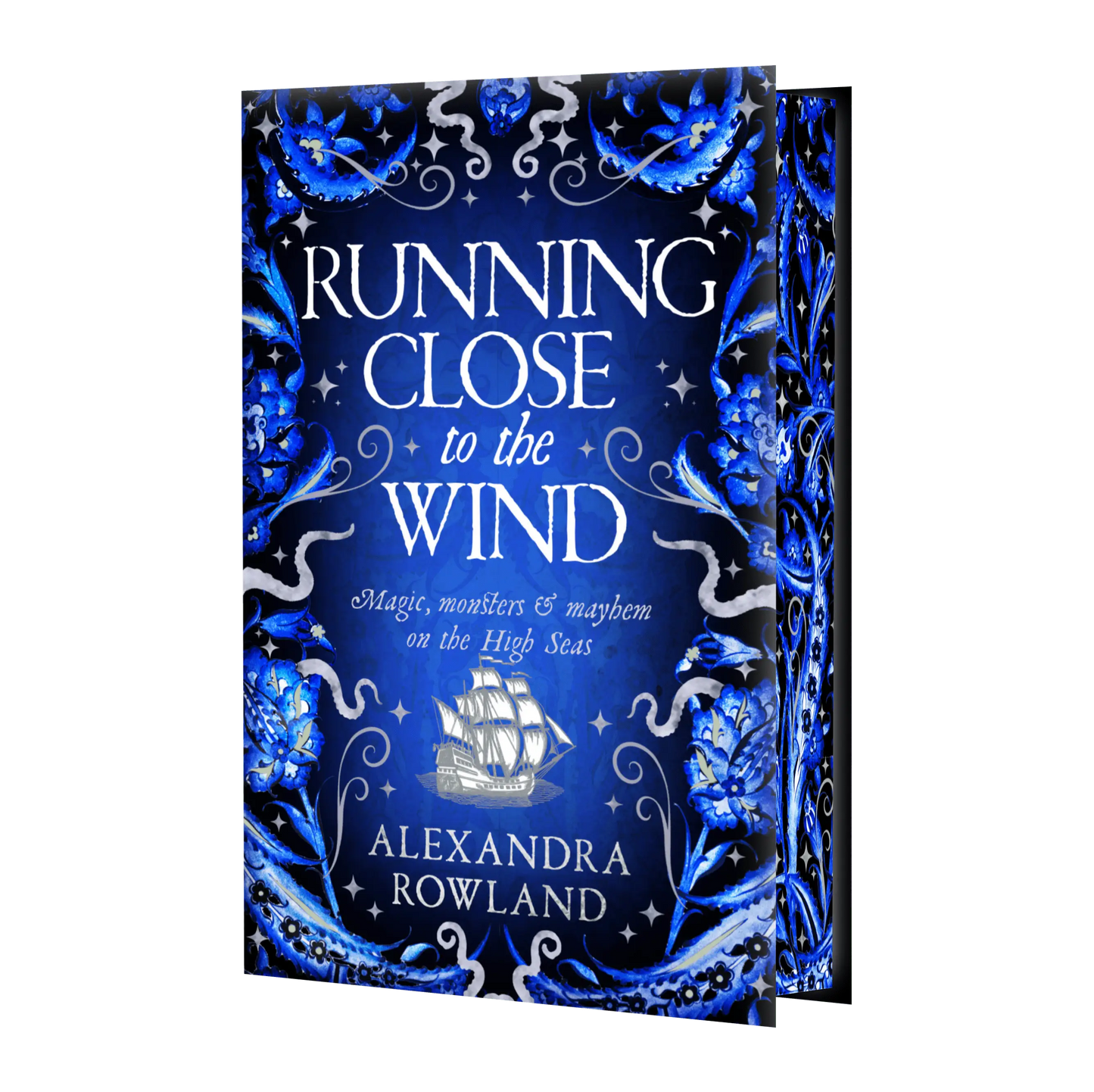 The thrilling maritime fantasy "Running Close to the Wind" by Alexandra Rowland, featuring magic, monsters, and mayhem on the high seas, showcased in a captivating blue cover design.