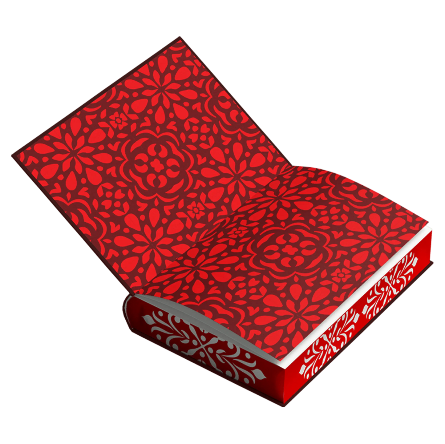 Open book with a vibrant red cover and intricate floral patterns, appealing for artistic and literary themes.