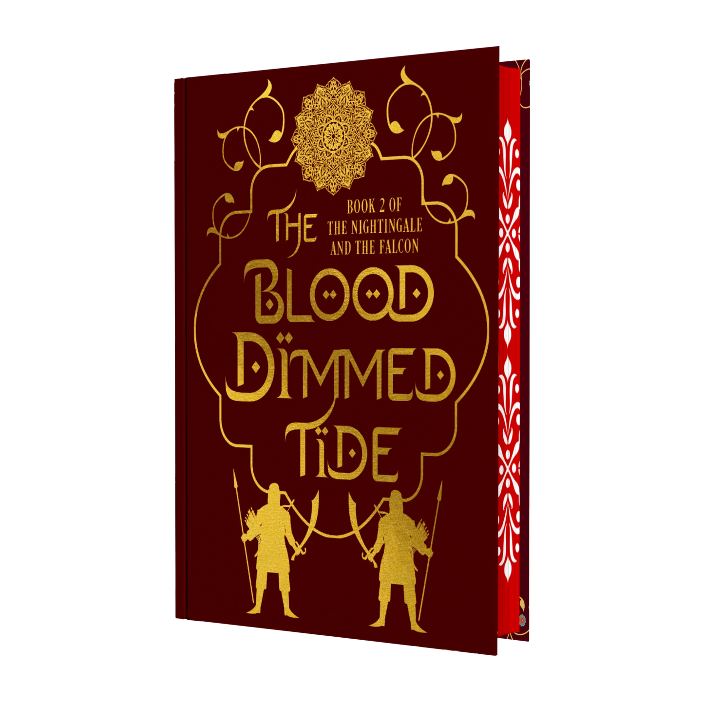 The cover of a book titled "The Blood Dimmed Tide," book 2 of "The Nightingale and The Falcon," with an ornate red and gold design and silhouettes of two warriors.