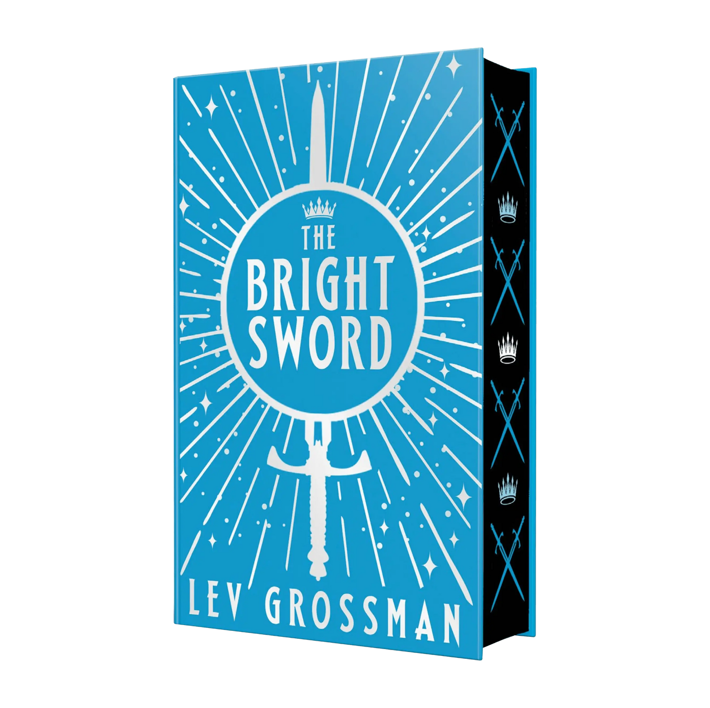 The Bright Sword by Lev Grossman is a captivating fantasy book featuring a striking blue cover with a prominent sword and crown design.