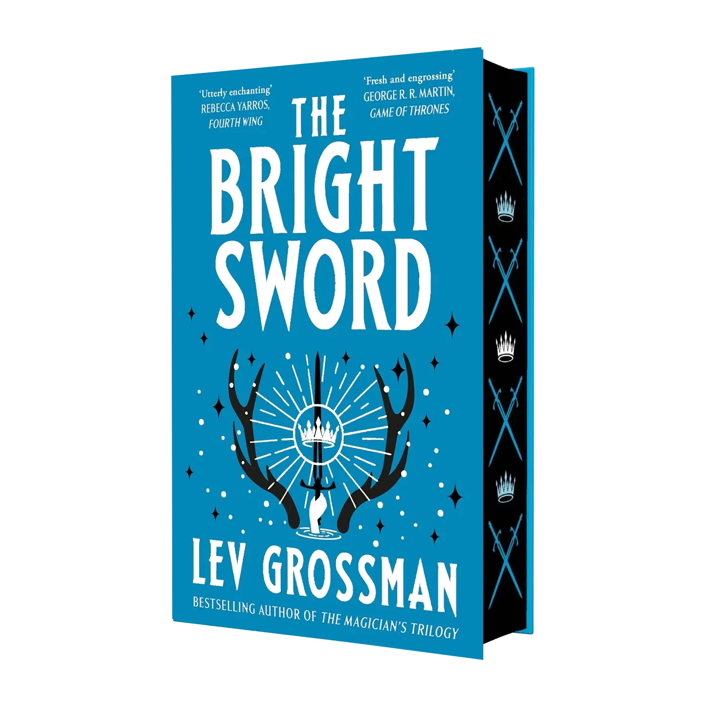 "The Bright Sword" by Lev Grossman features a striking blue cover with praise from authors like Rebecca Yarros and George R.R. Martin, highlighting its engaging fantasy theme.
