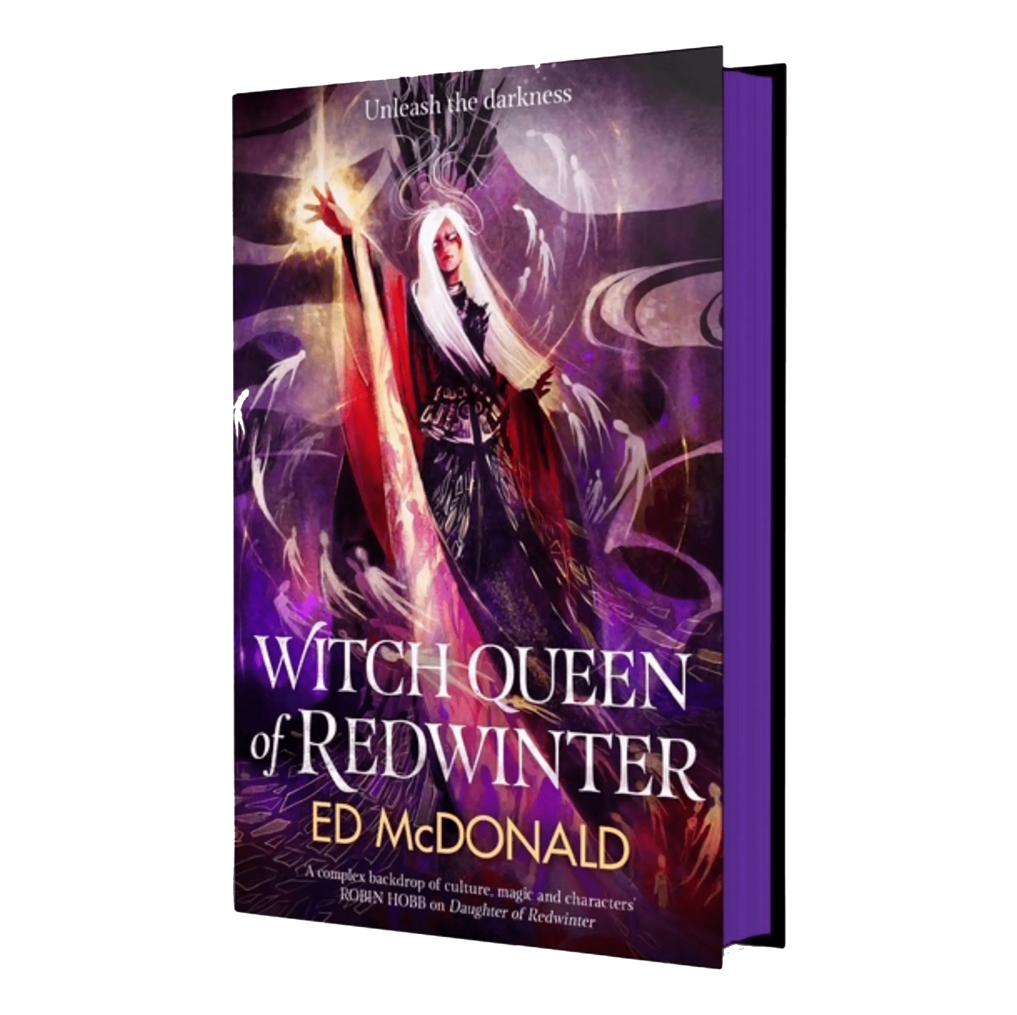 The book cover for "Witch Queen of Redwinter" by Ed McDonald showcases an intricate, mystical artwork with the tagline "Unleash the darkness," highlighting its fantasy genre appeal.