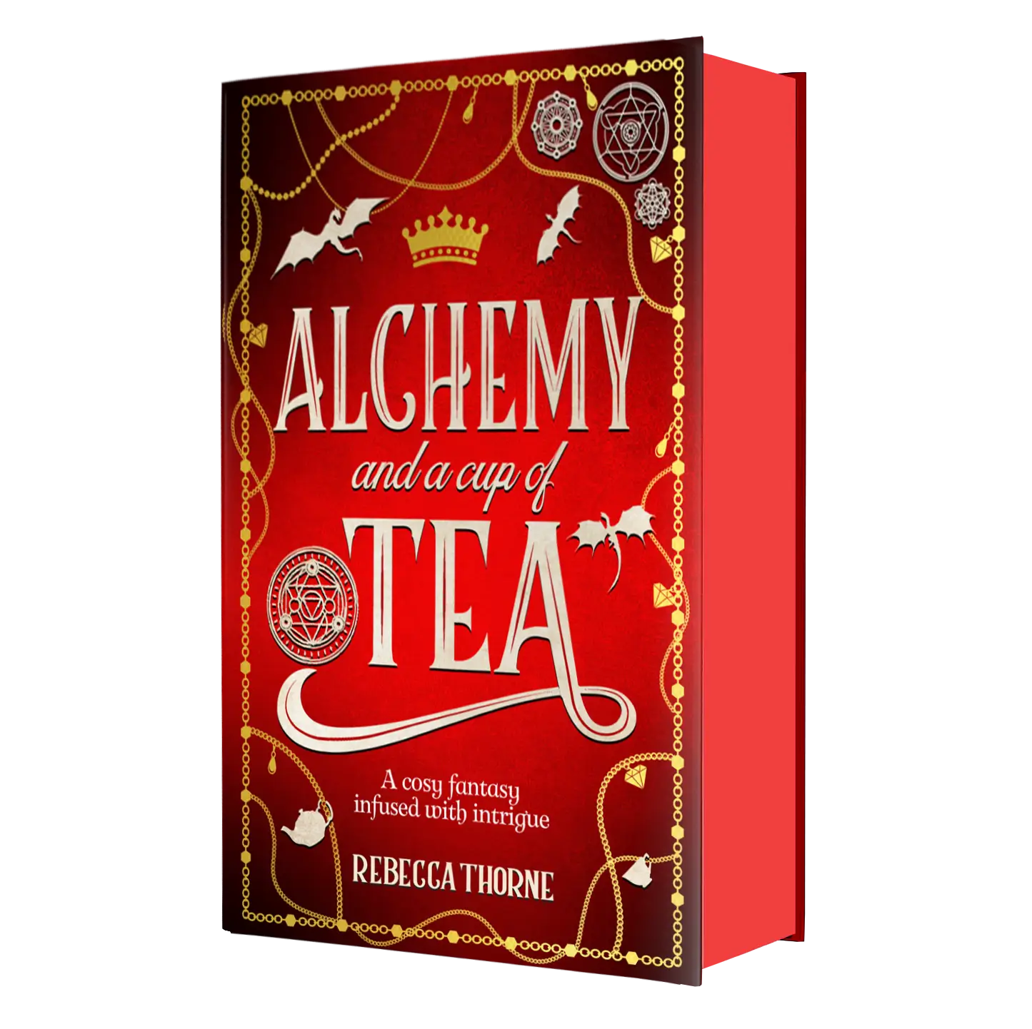 "Alchemy and a Cup of Tea" by Rebecca Thorne is a cozy fantasy novel infused with intrigue, featuring an eye-catching red cover adorned with gold accents, mystical symbols, and flying bats.