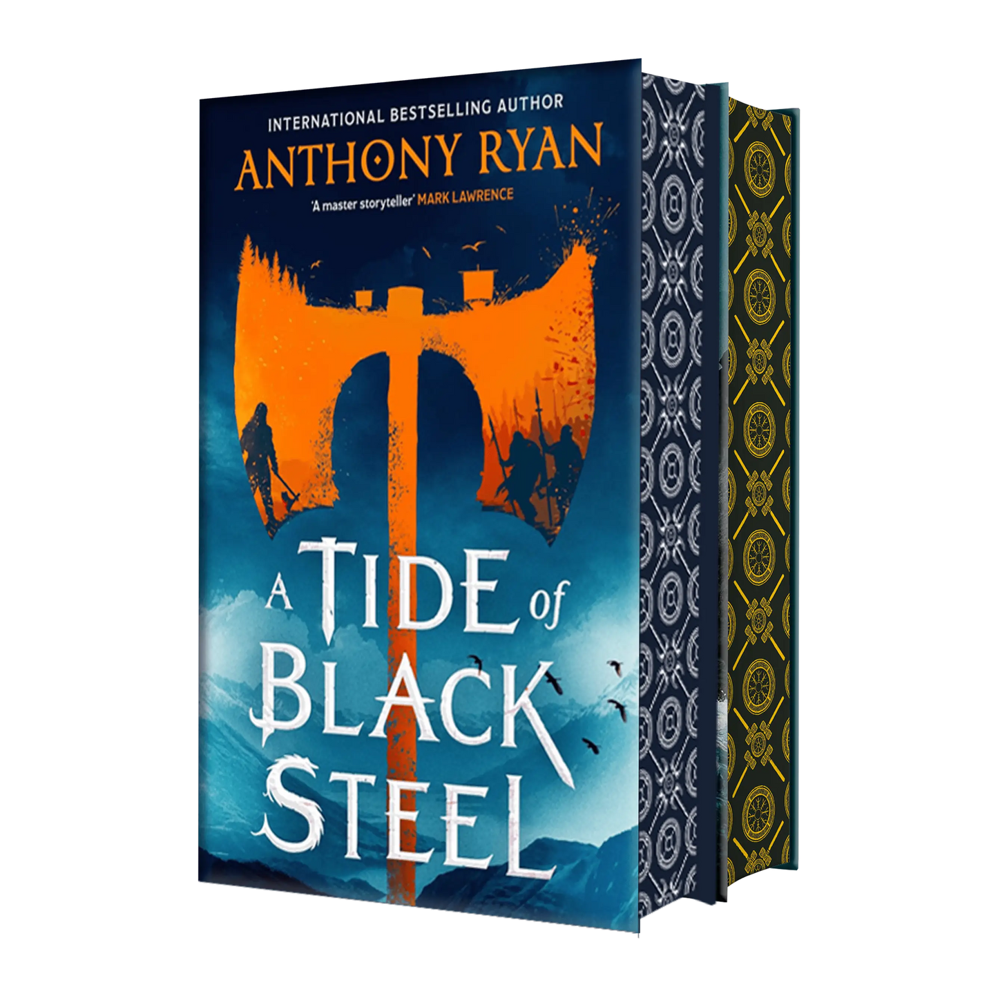 "A Tide of Black Steel" by Anthony Ryan featuring a striking orange axe and silhouettes on a dramatic blue background.