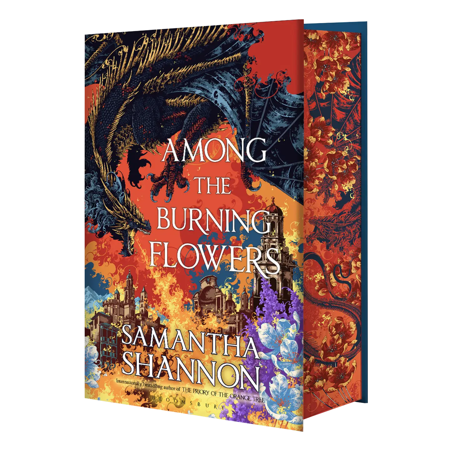 "Among the Burning Flowers" by Samantha Shannon features a vivid dragon-themed fantasy cover with bold colors and intricate floral designs.