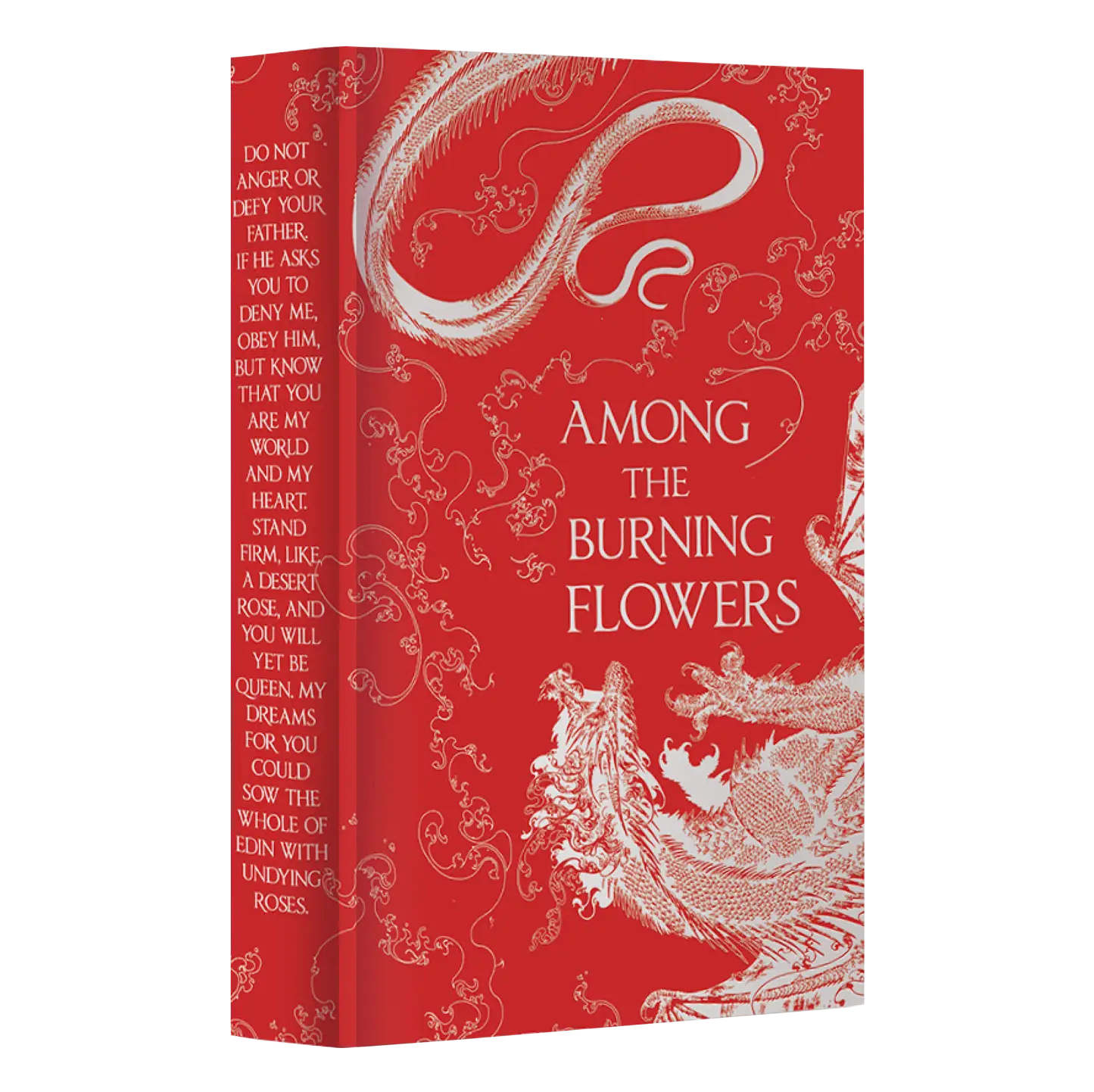 "Among the Burning Flowers" by Samantha Shannon features a vivid dragon-themed fantasy cover with bold colors and intricate floral designs.