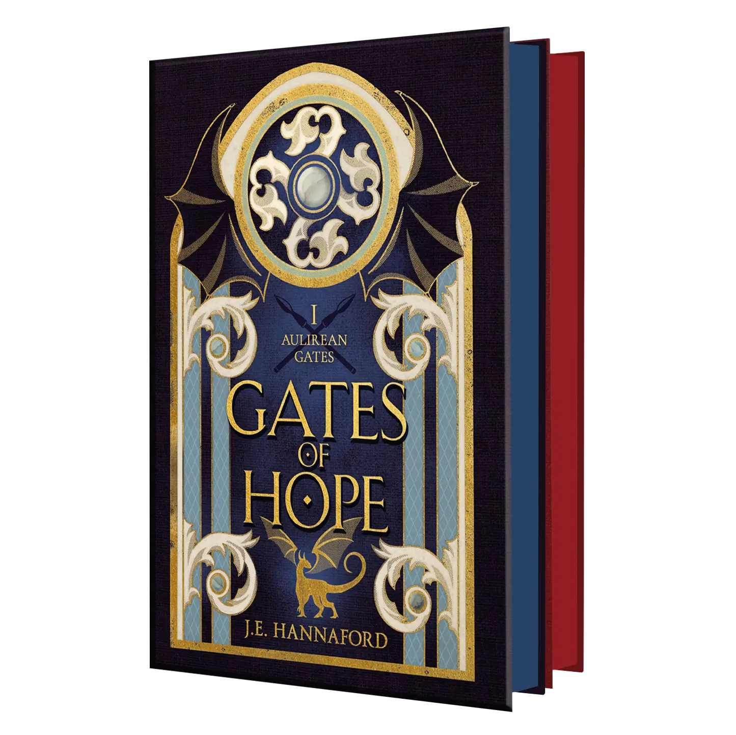 "Gates of Hope" by J.E. Hannaford, featuring ornate gold and blue design elements and a mythical creature motif.