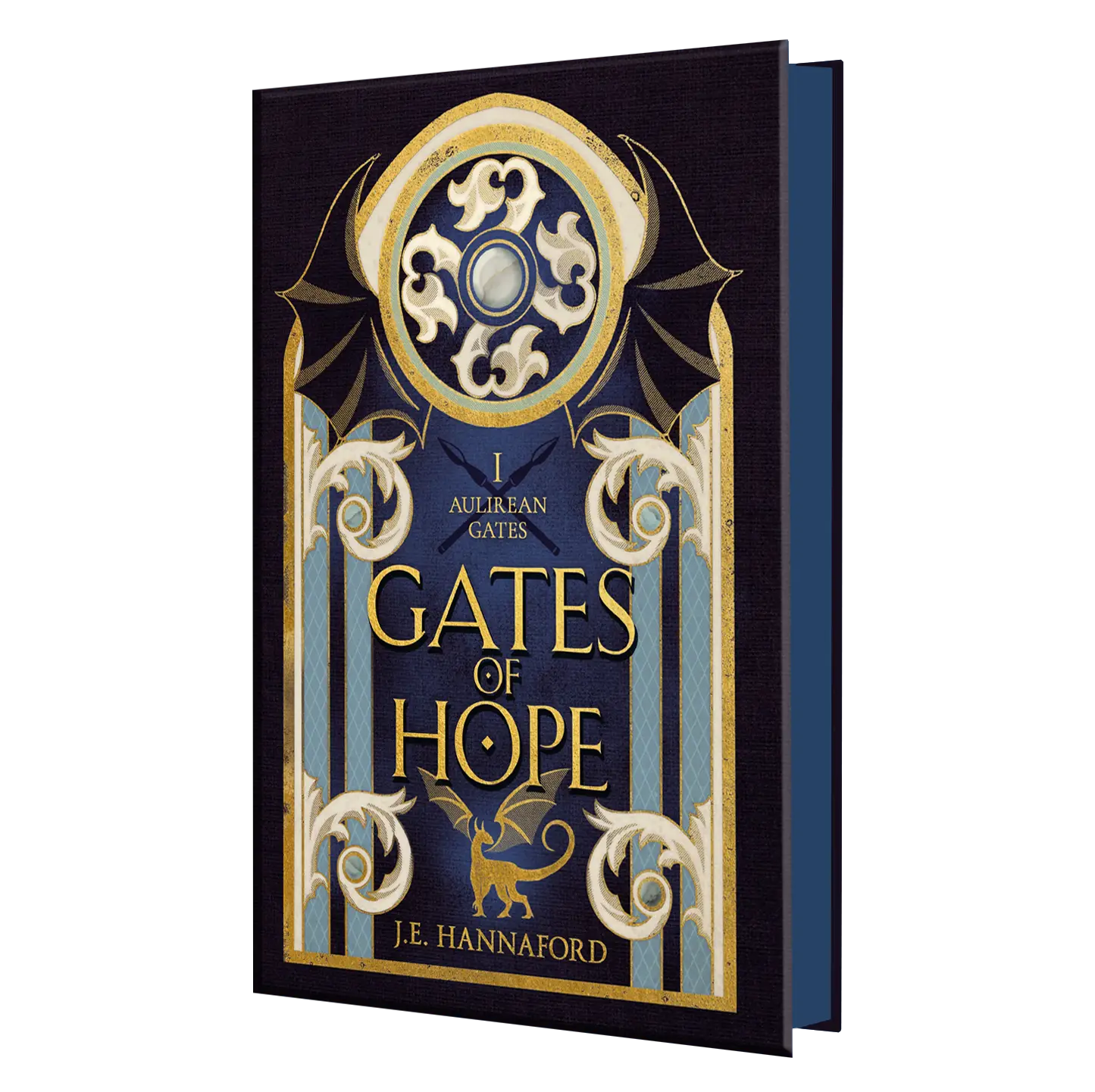 "Gates of Hope" by J.E. Hannaford, featuring ornate gold and blue design elements and a mythical creature motif.