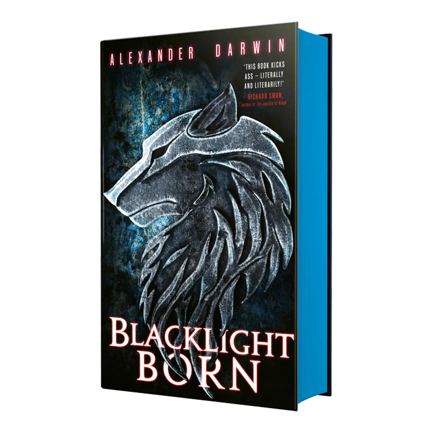 "Blacklight Born" by Alexander Darwin features a striking cover with a wolf's head in a glowing design, accompanied by a quote for an engaging fantasy novel.