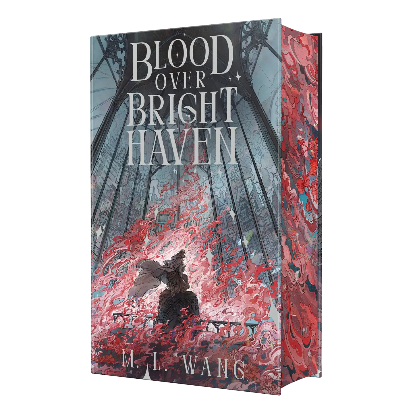 "Blood Over Bright Haven" by M.L. Wang features an intricate cover design with swirling red and pink hues surrounding a mysterious figure inside a cathedral-like structure.