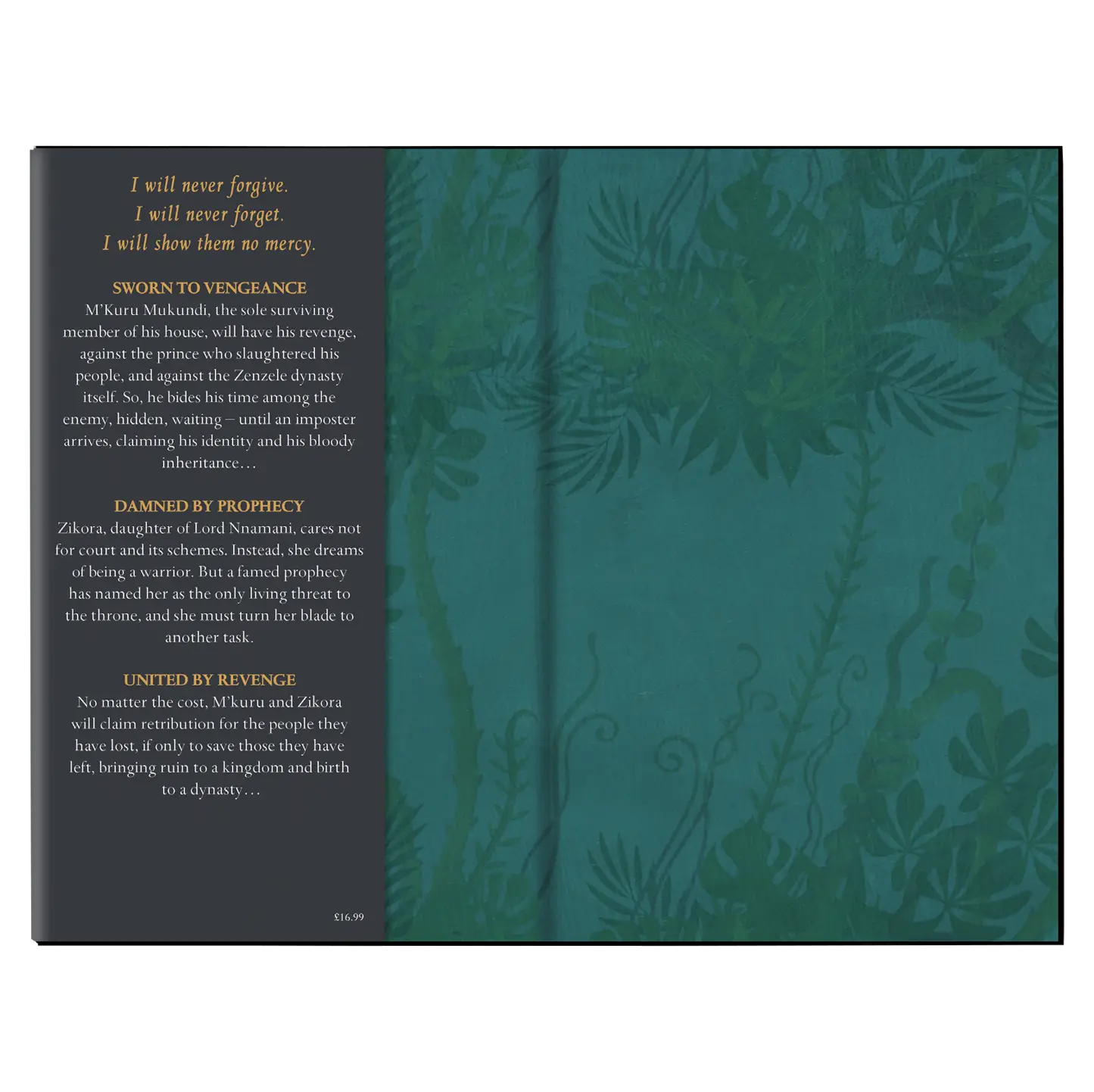 A book cover with a mysterious and captivating fantasy theme, highlighting a tale of vengeance, prophecy, and revenge involving characters named M'Kuru Mukundi and Zikora, with intricate leaf patterns as a backdrop.Cop