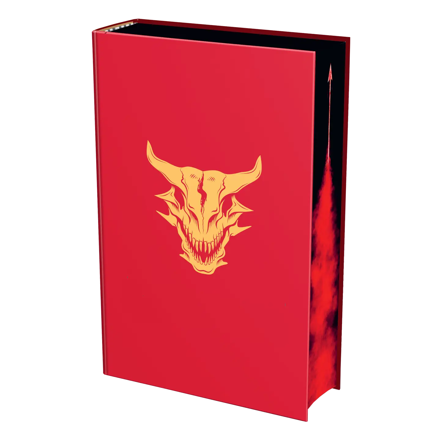 A red book with a yellow demonic skull design on the cover, partially open to reveal dark red and black inside cover art.