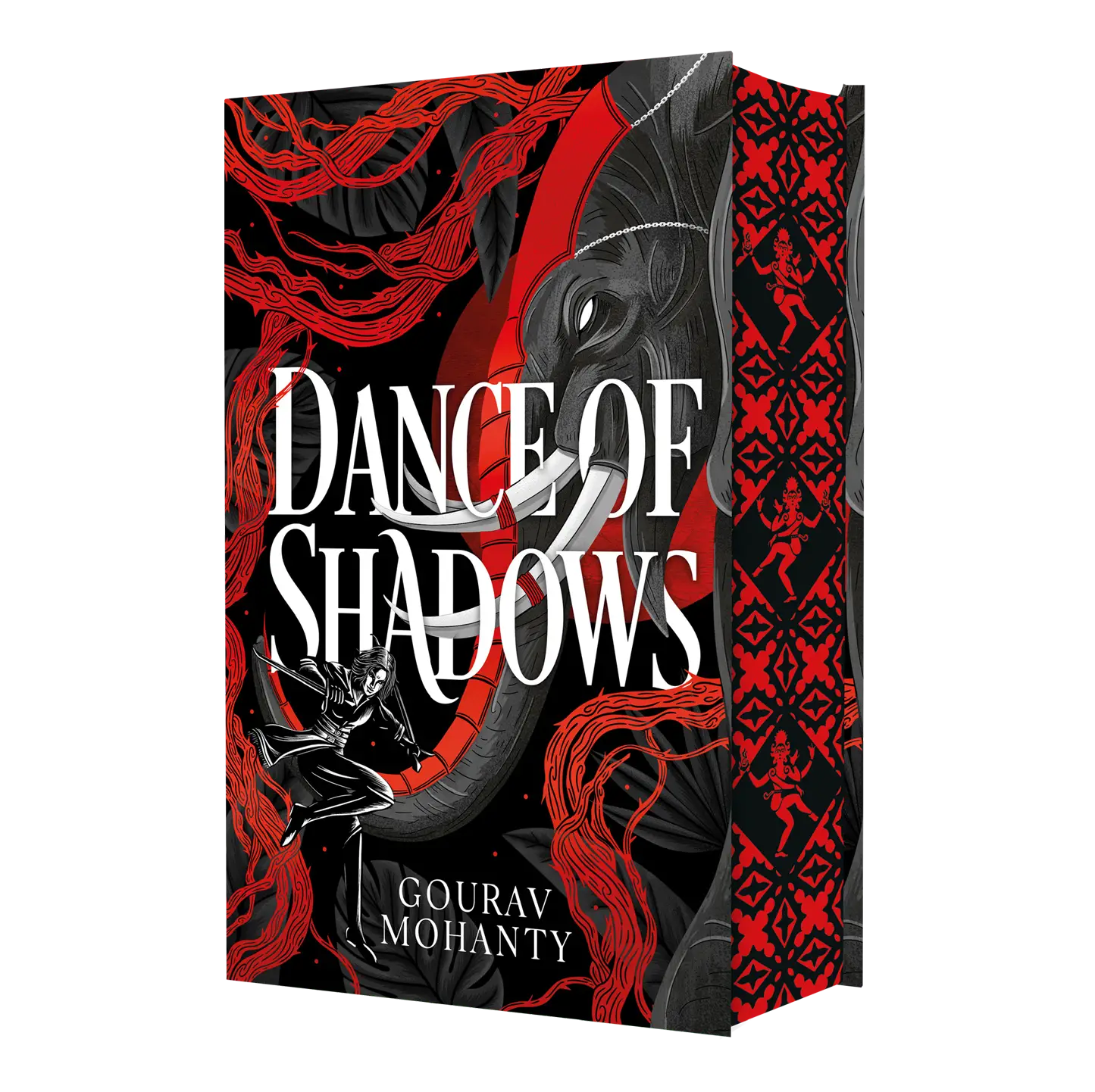 "Dance of Shadows" by Gourav Mohanty features a striking book cover with bold red and black illustrations, including an elephant and dynamic figures.
