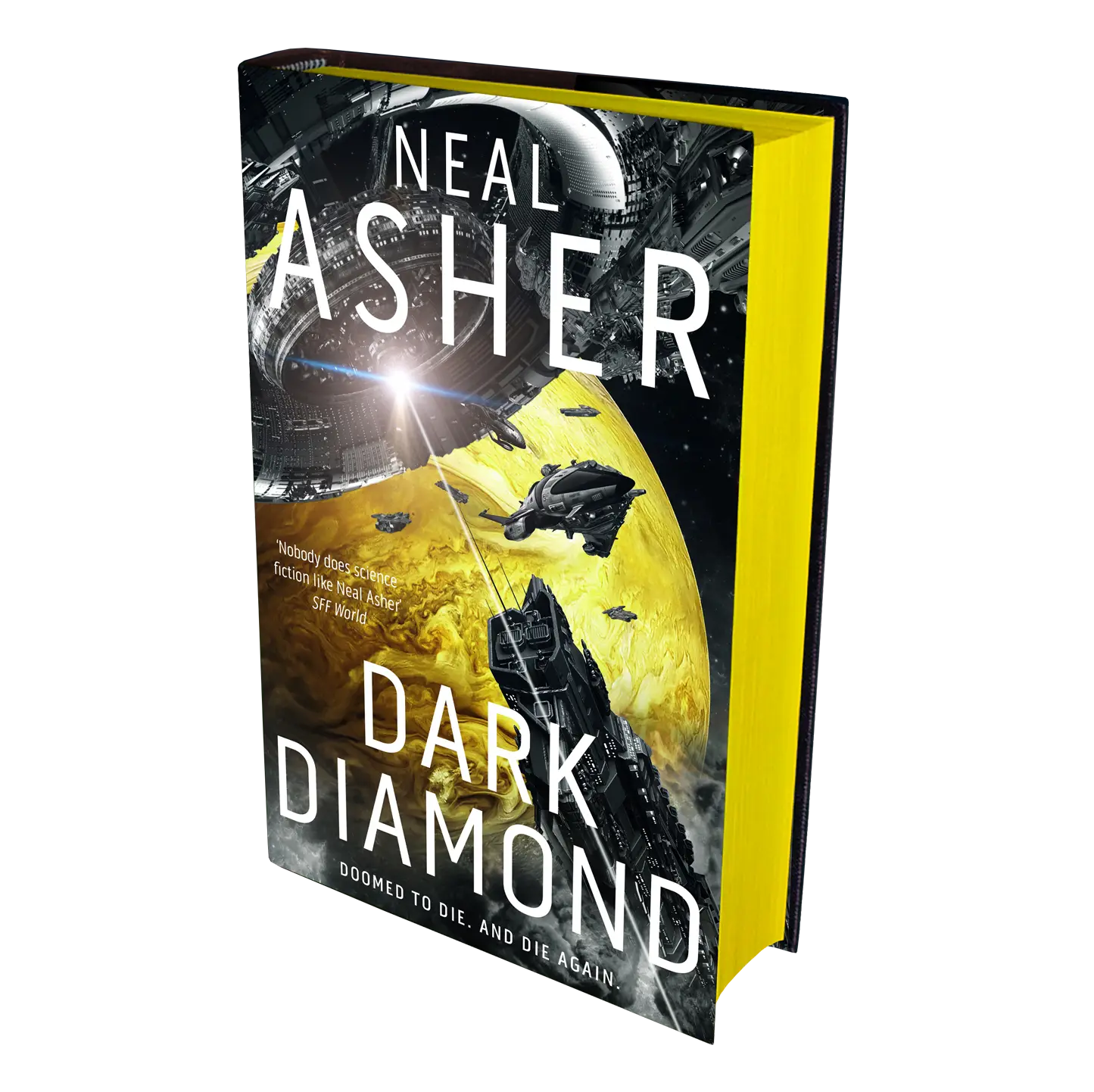 "Dark Diamond" by Neal Asher, featuring a dramatic space scene with spaceships and celestial bodies, accompanied by a quote praising Asher's science fiction.