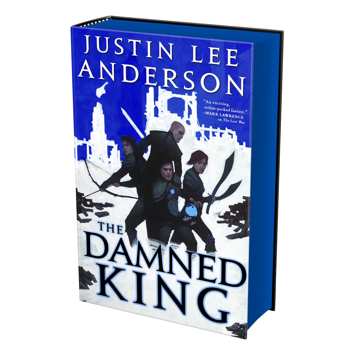 "The Damned King" by Justin Lee Anderson features a striking blue cover with dynamic characters poised for action in a fantasy setting.