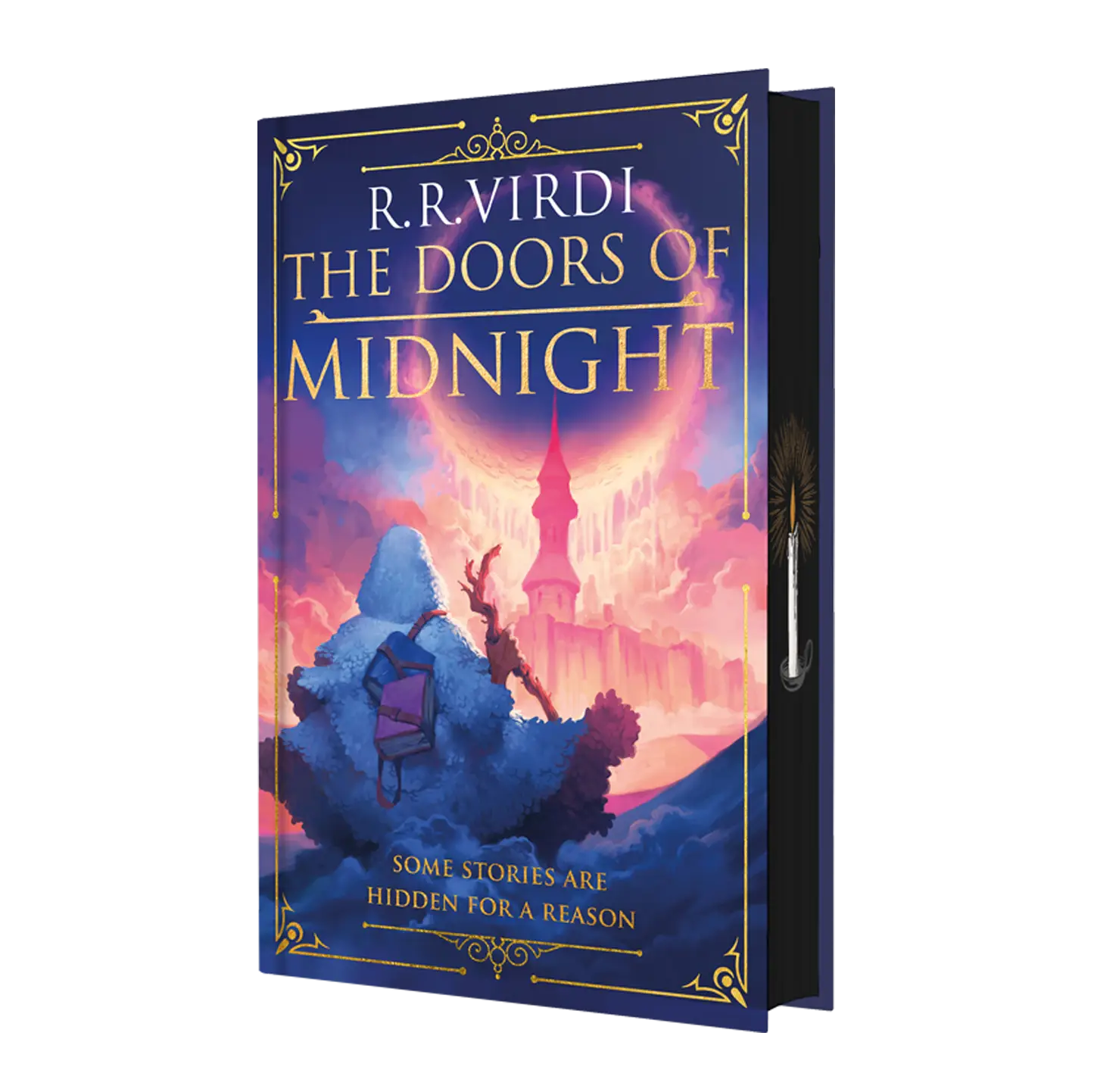 Captivating book cover for "The Doors of Midnight" by R.R. Virdi with vibrant colors and an intriguing fantasy setting.