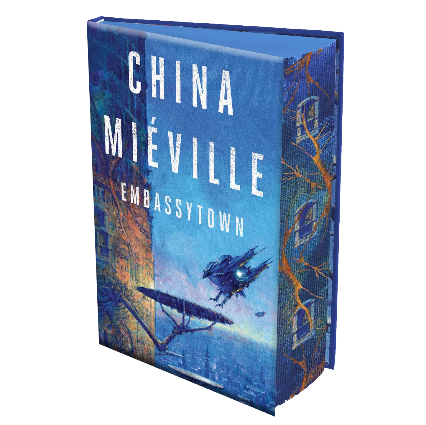 "Embassytown" by China Miéville features a visually captivating blue and orange hardcover design with a futuristic setting.