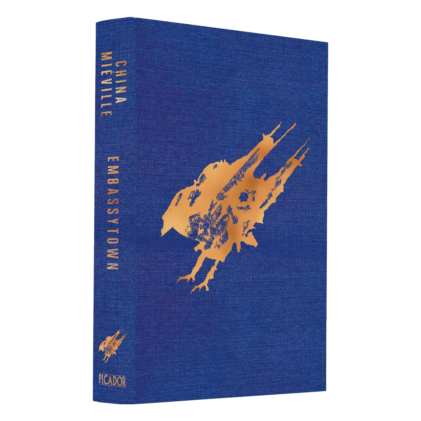 "Embassytown" by China Miéville features a visually captivating blue and orange hardcover design with a futuristic setting.
