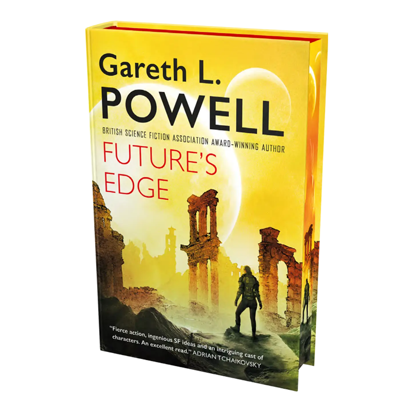 Future's Edge by Gareth L. Powell, a British Science Fiction Association award-winning author, is a captivating science fiction novel featuring a striking yellow cover with ancient ruins and a lone figure against a celestial backdrop.