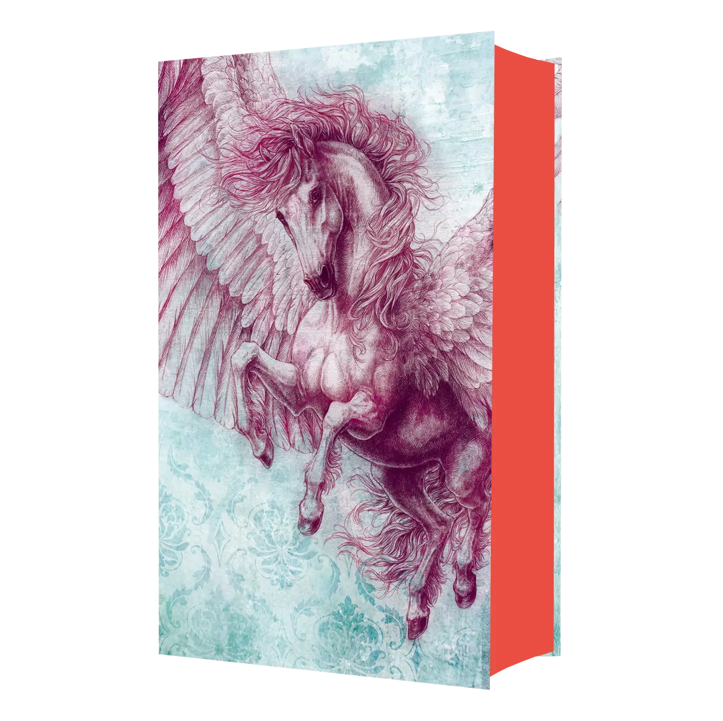 A vibrant illustration of a majestic winged horse in shades of pink against a turquoise backdrop, featured on the cover of a book.