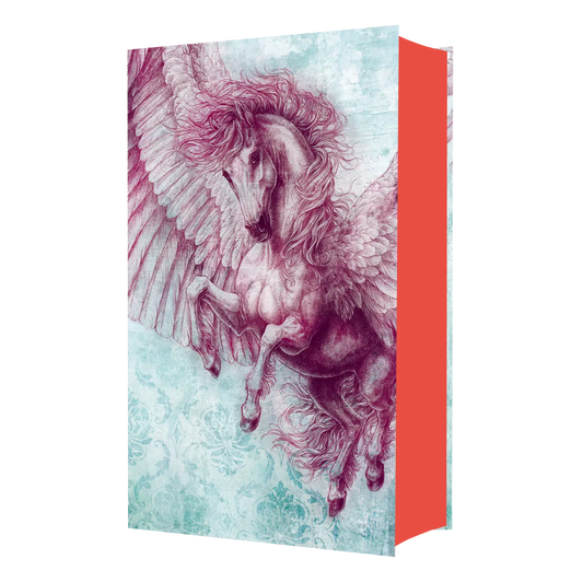 A vibrant illustration of a majestic winged horse in shades of pink against a turquoise backdrop, featured on the cover of a book.