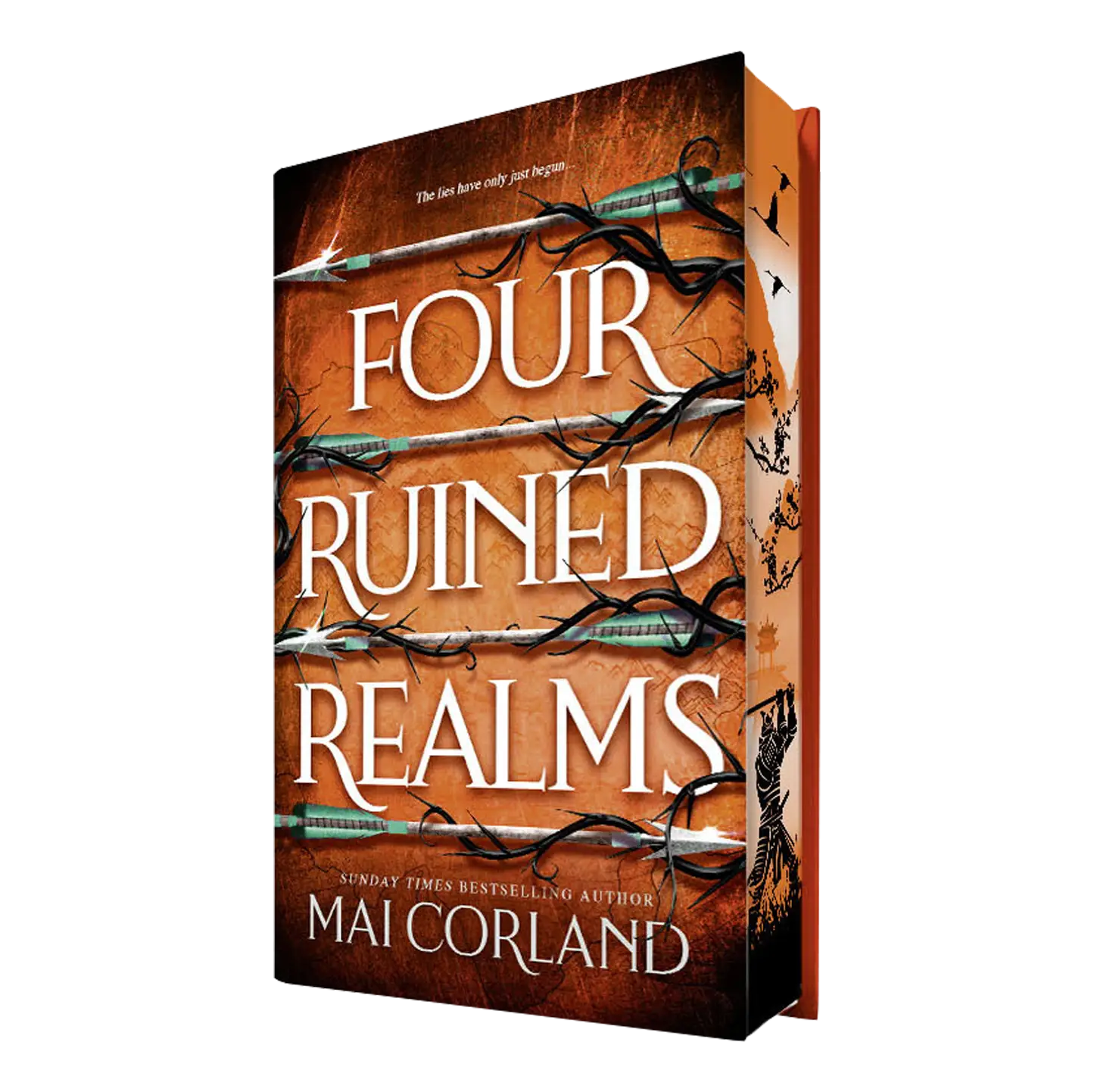 "Four Ruined Realms" by Mai Corland is a captivating fantasy novel featuring a visually striking cover with intricate branch designs and a rich orange color palette.