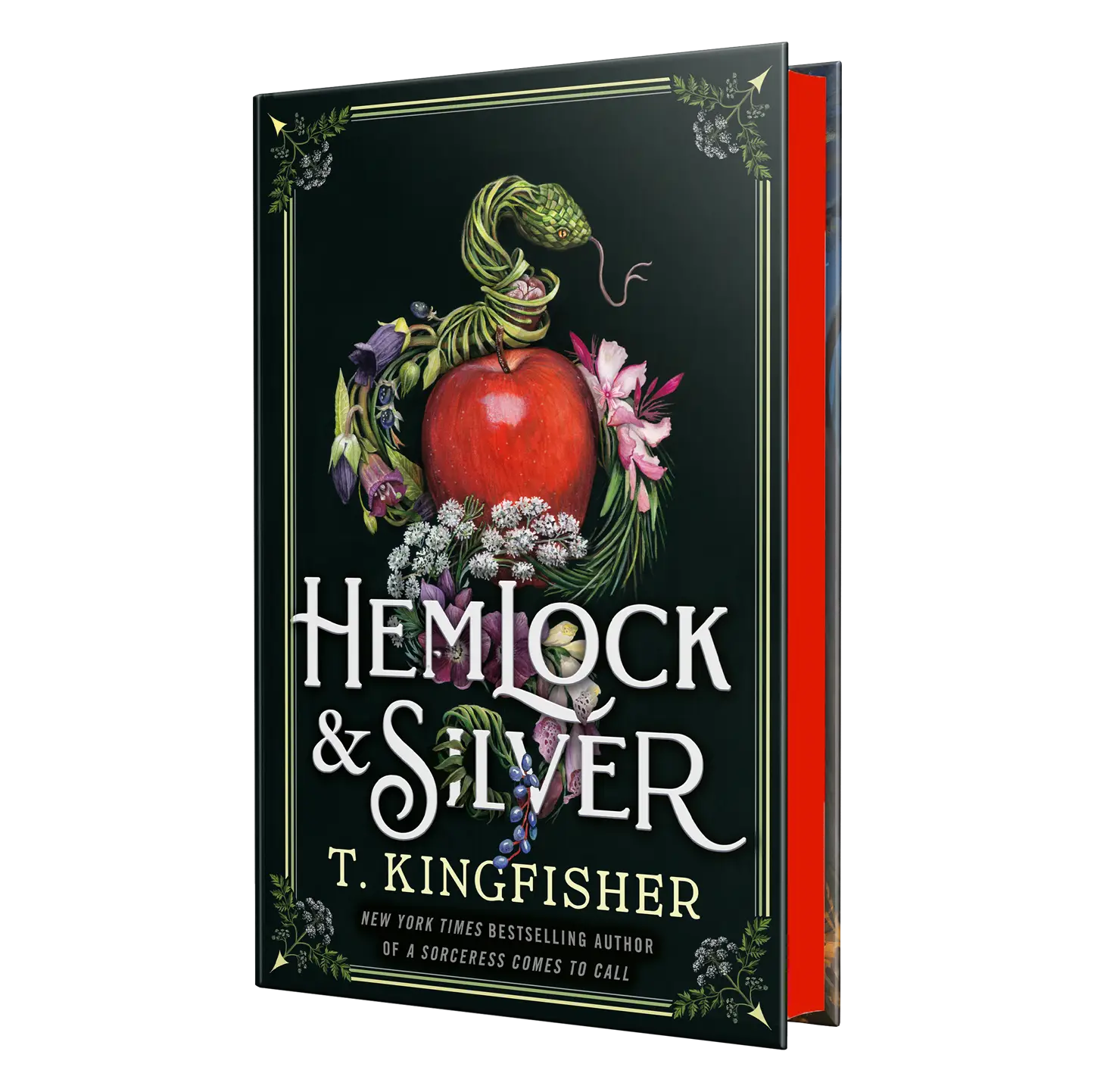 The enchanting cover of "Hemlock & Silver" by T. Kingfisher, featuring an intricate design with a red apple and floral elements.