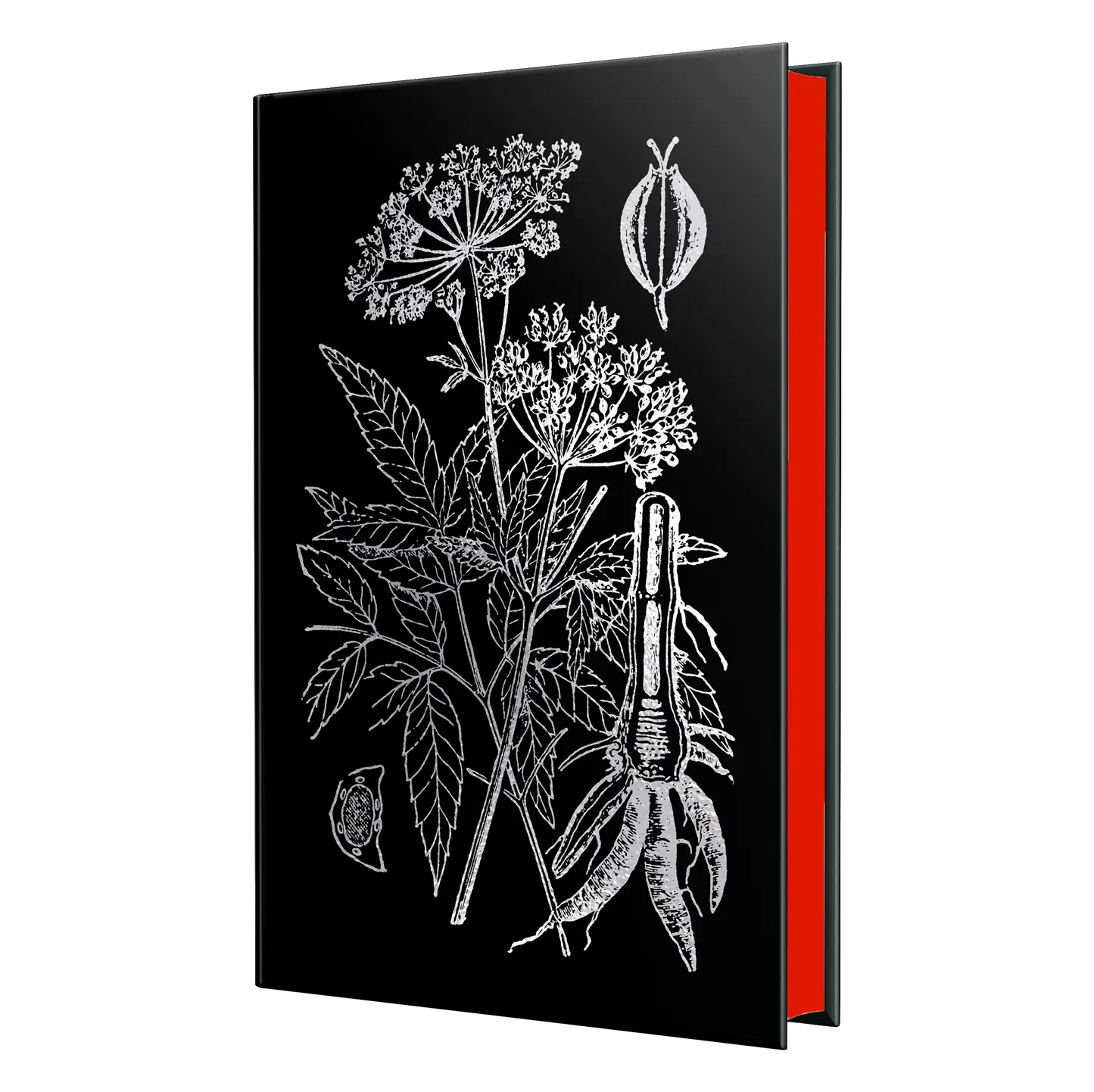 The enchanting cover of "Hemlock & Silver" by T. Kingfisher, featuring an intricate design with a red apple and floral elements.