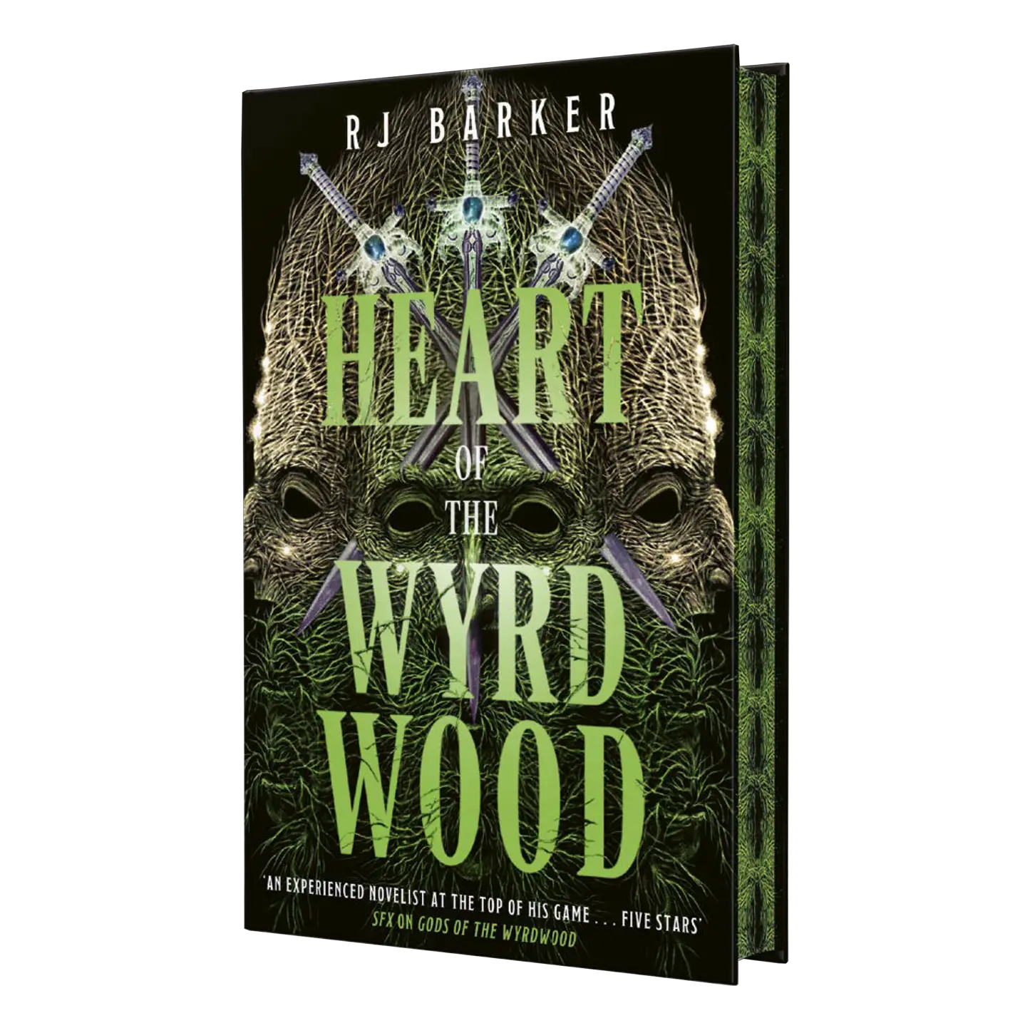 "Heart of the Wyrd Wood" by RJ Barker is a captivating fantasy novel featuring an intriguing cover design with mystical elements.