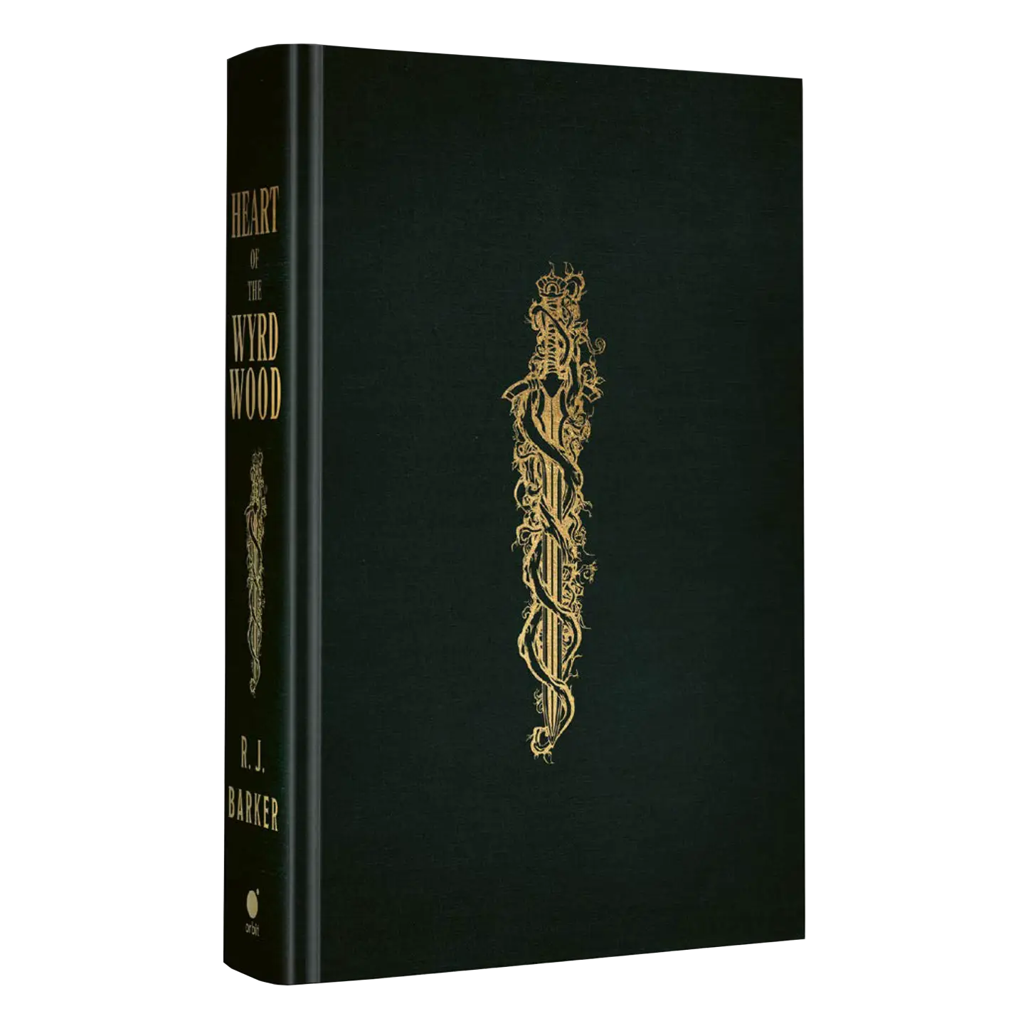 "Heart of the Wyrd Wood" is a book by R.J. Barker featuring a dark cover with ornate gold design elements.