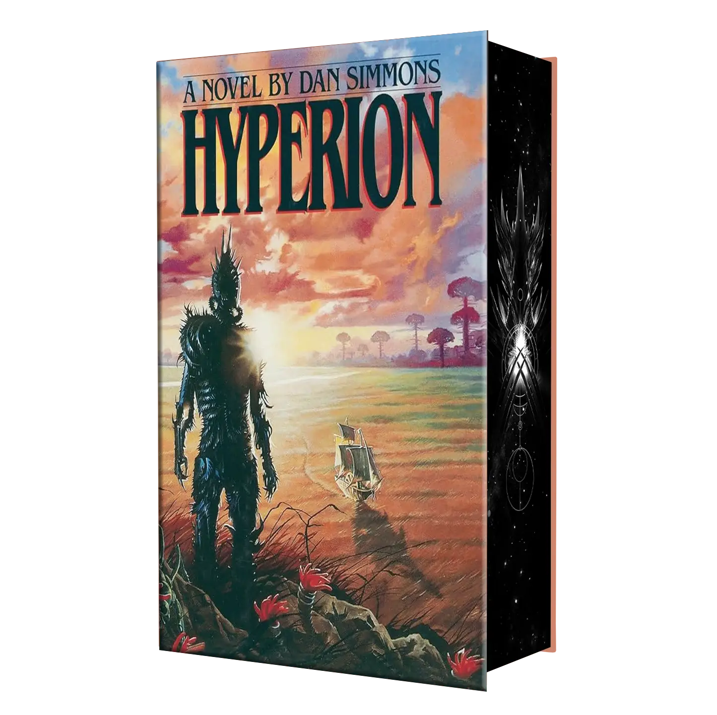 The cover of "Hyperion," a novel by Dan Simmons, featuring a silhouetted figure overlooking a surreal landscape with a ship and distinct red-orange sky.