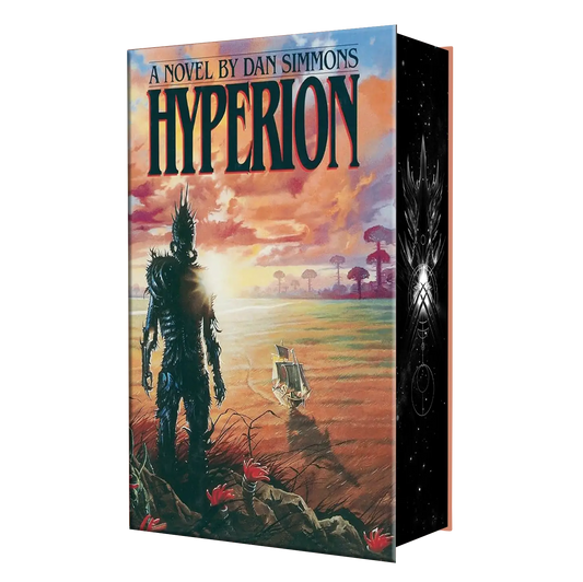 The cover of "Hyperion," a novel by Dan Simmons, featuring a silhouetted figure overlooking a surreal landscape with a ship and distinct red-orange sky.