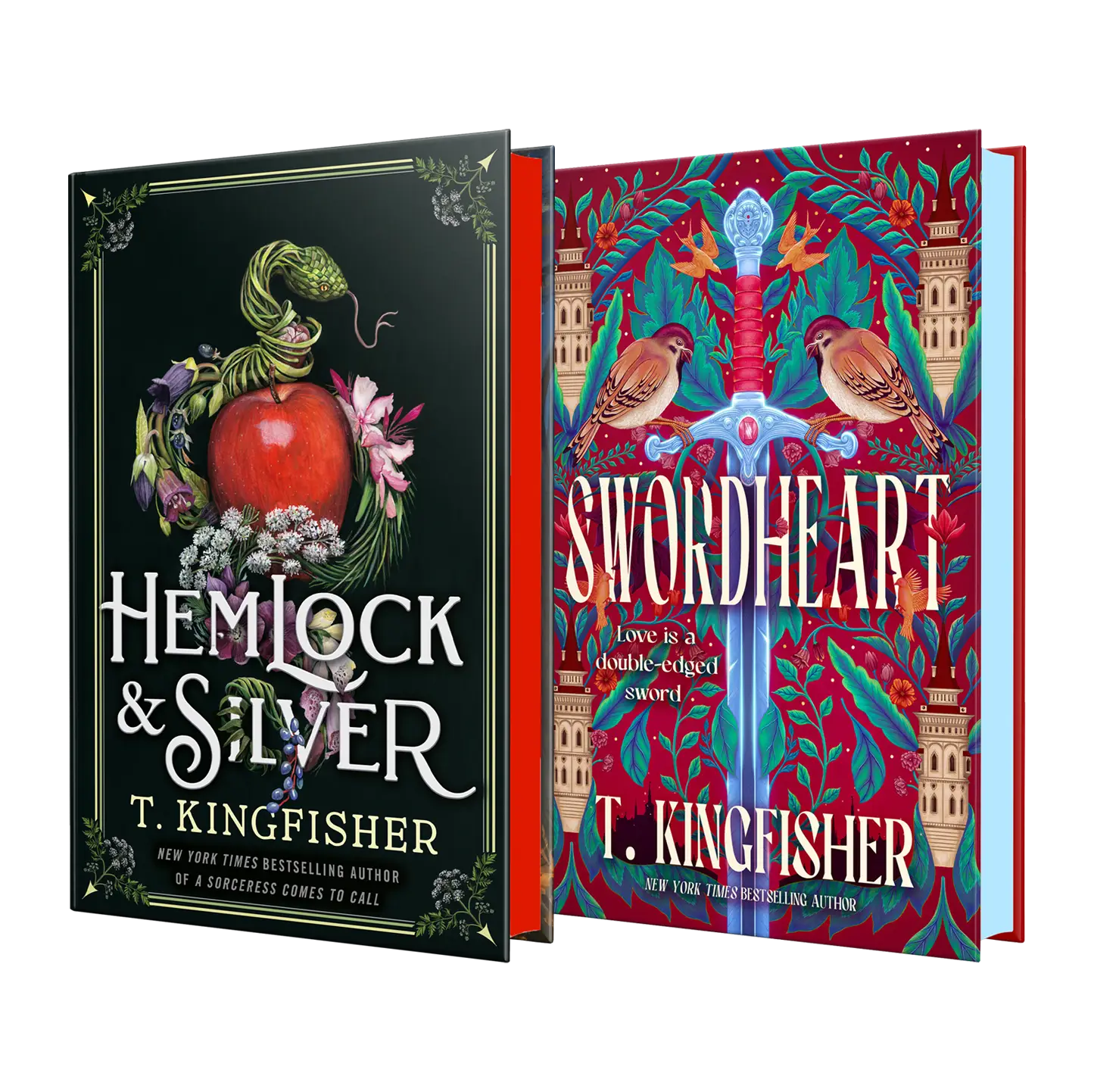 The enchanting fantasy novels "Hemlock & Silver" and "Swordheart" by bestselling author T. Kingfisher, known for their captivating covers and immersive storytelling.