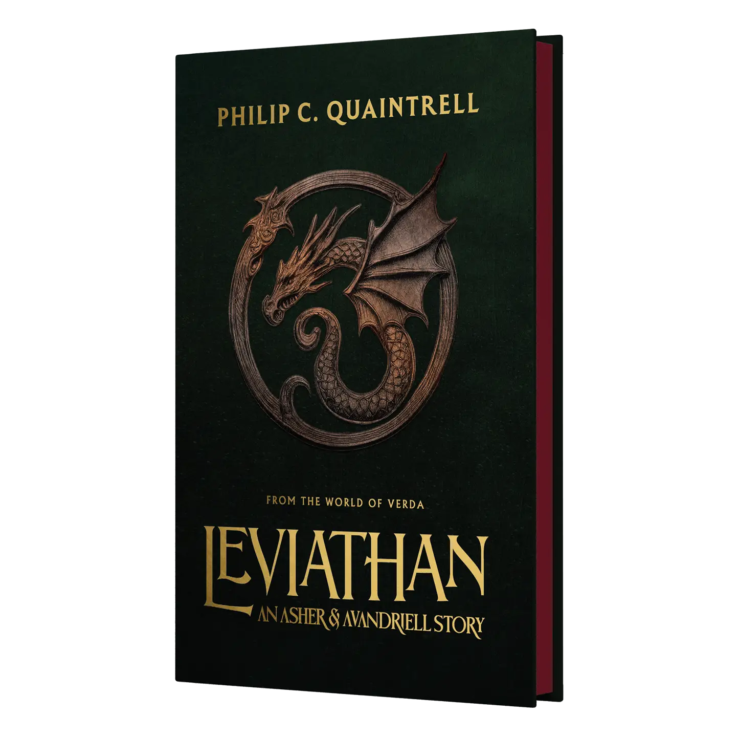 The book "Leviathan: An Asher & Avariell Story" by Philip C. Quaintrell, featuring a dragon emblem on a dark green background.