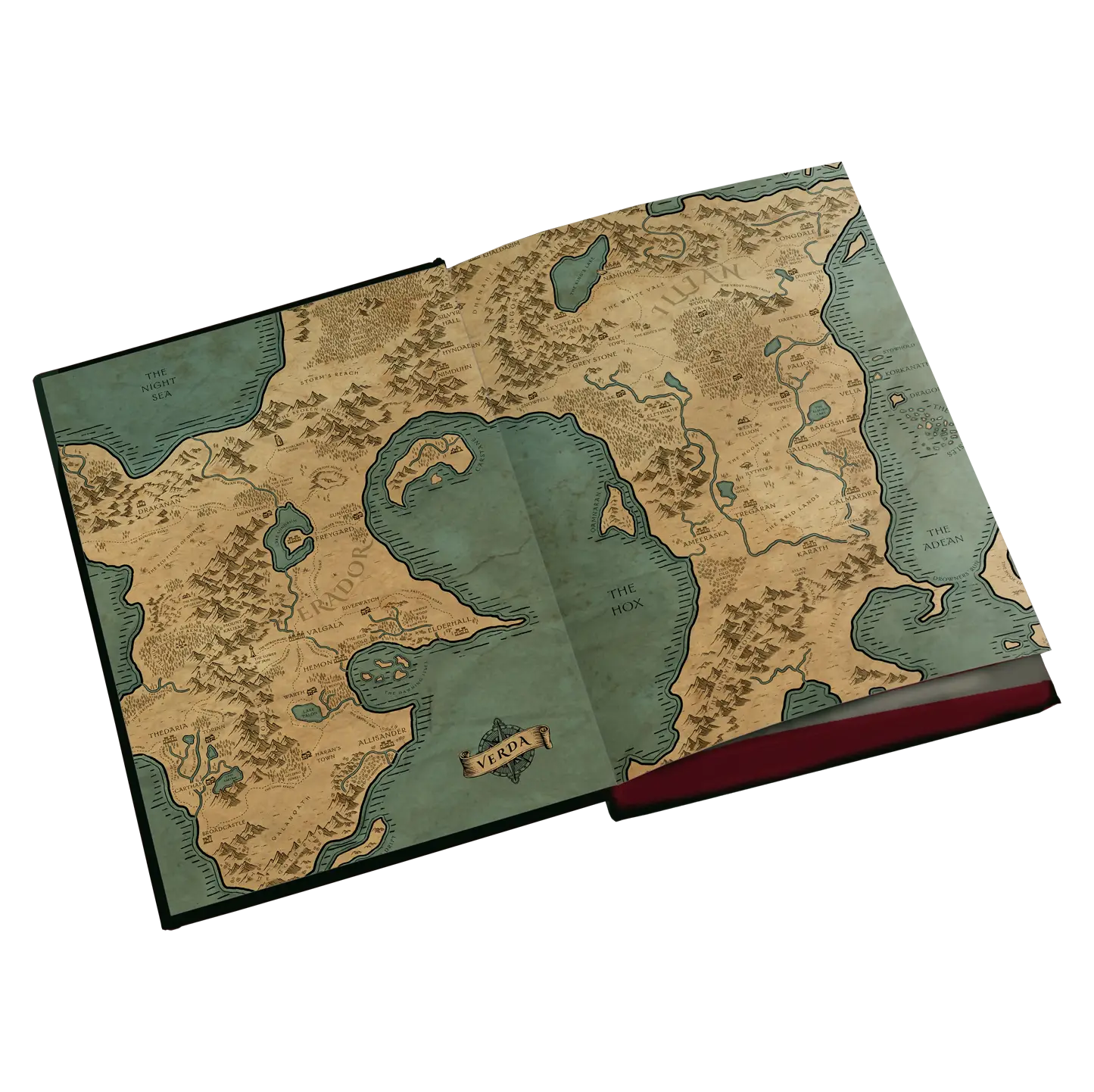 An intricate fantasy map from a book depicting fictional regions and landscapes designed for immersive exploration