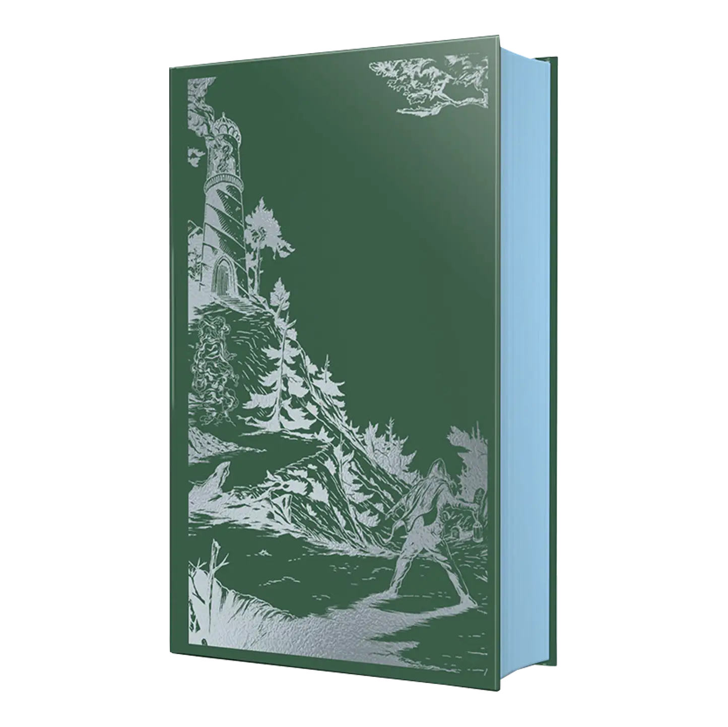 A green book with a silver illustration of a tower, trees, and a figure on the cover, featuring blue page edges.